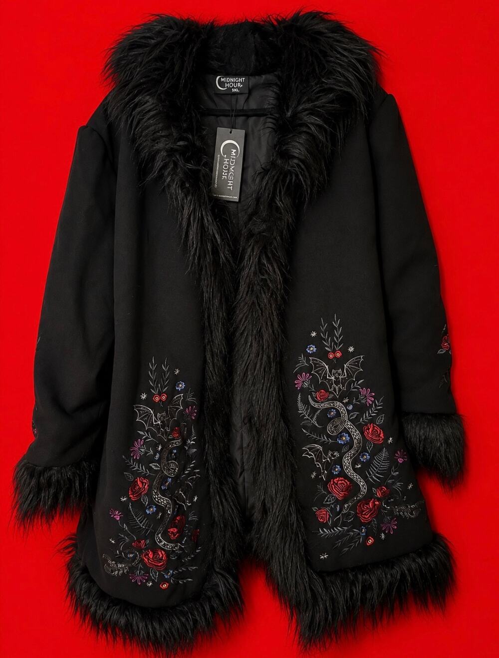 Midnight Hour Gothic Embroidered Faux Fur Trim Coat 5XL – Fits Like 3X